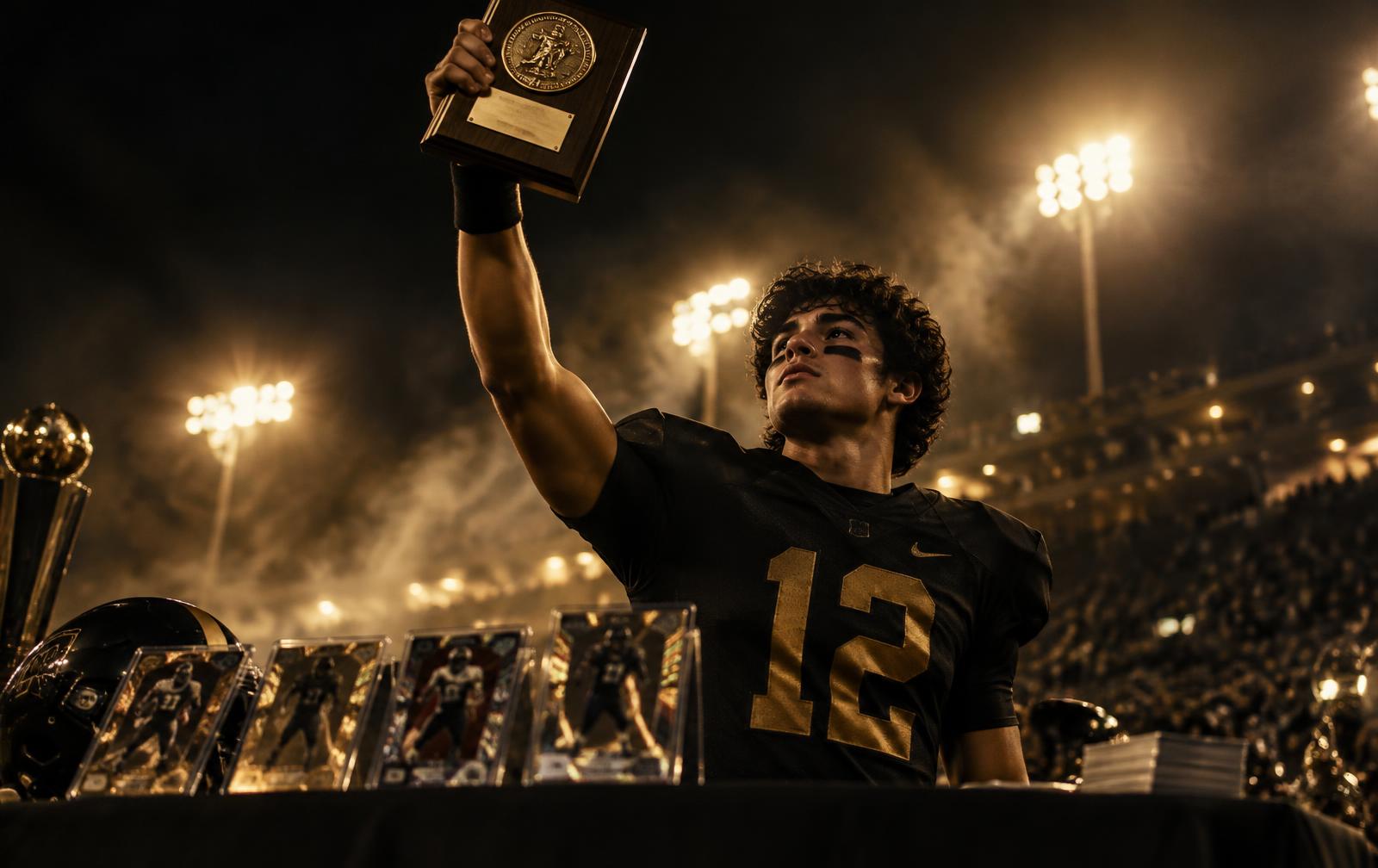 Athlete raising an award plaque under stadium lights